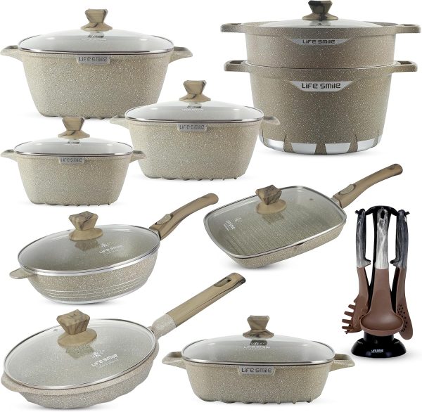 Cookware Set LIFE SMILE 24 pieces Square Pots and Pans Set – Granite, Non-Stick, PFOA Free – Include Casseroles, Steam Pot, Shallow Pot, Grill Pan, Fry Pan, Saute Pan
