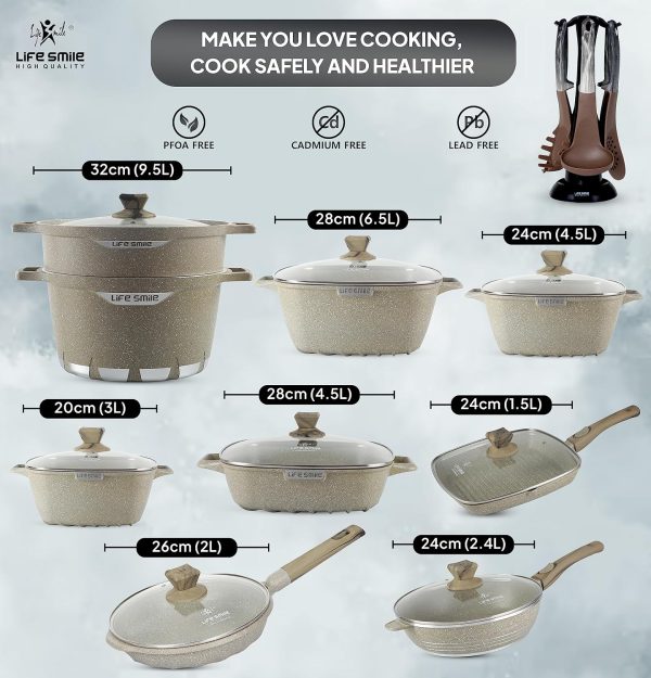 Cookware Set LIFE SMILE 24 pieces Square Pots and Pans Set – Granite, Non-Stick, PFOA Free – Include Casseroles, Steam Pot, Shallow Pot, Grill Pan, Fry Pan, Saute Pan - Image 7